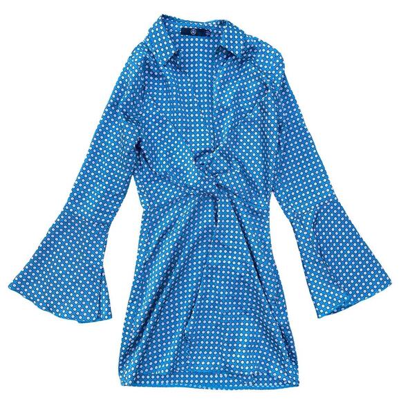 Missguided Polka Dot Twist Front Mini Dress Long Bell Sleeve Blue White - Size 0 - Picture 2 of 11